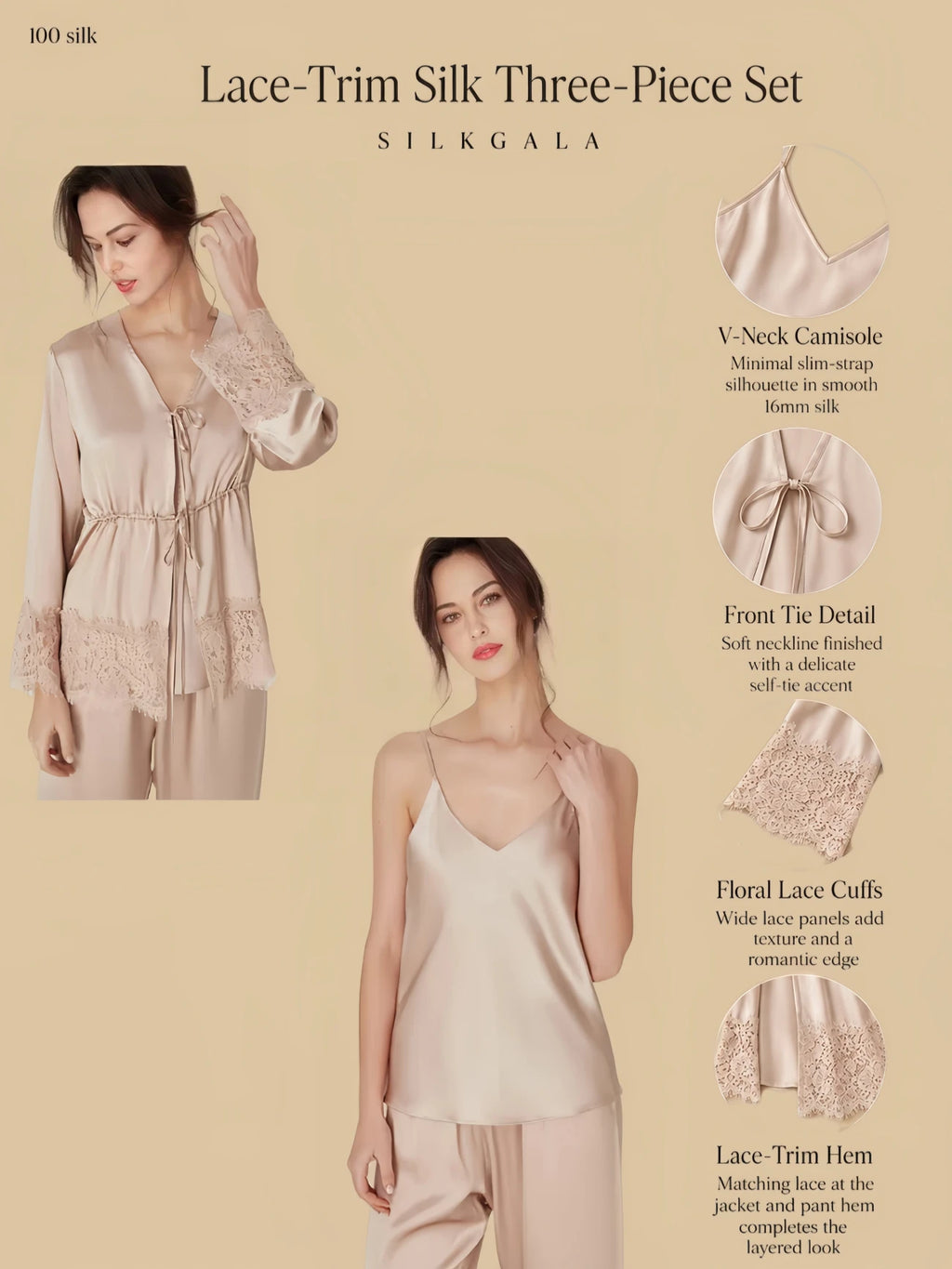 Silkgala 16mm silk three-piece pants set flat lay with lace-trim long jacket, V-neck camisole, full-length pants, tie waist, lace cuffs, and elastic waistband on beige background.