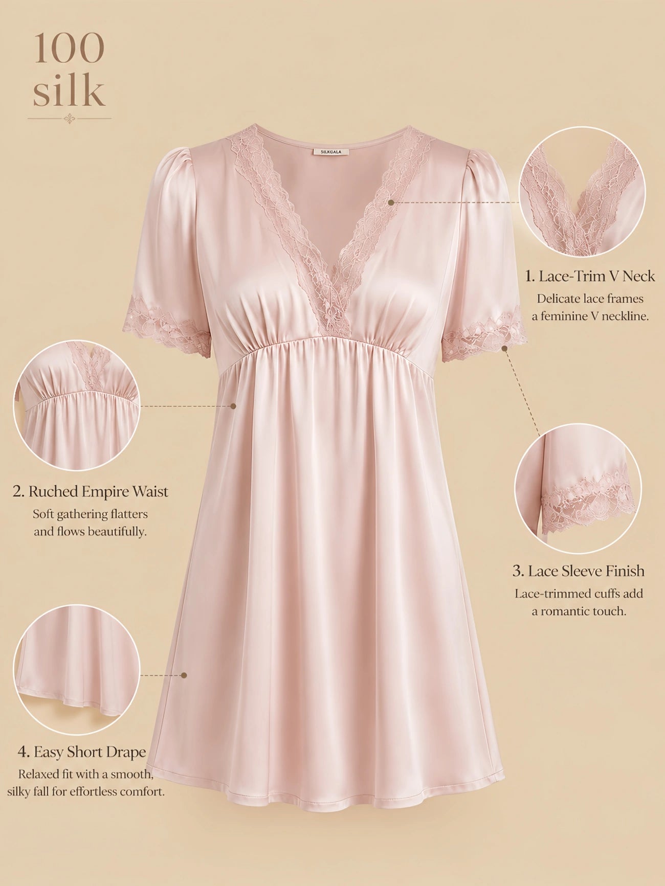 Silkgala 16mm 100% mulberry silk short nightgown detail image showing a lace-trim V neckline, ruched empire waist, short sleeves with lace finish, and a soft short drape.