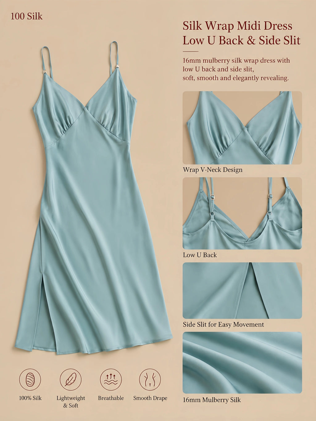 16mm light blue silk wrap midi dress with low U-back, side slit, adjustable straps, and smooth drape