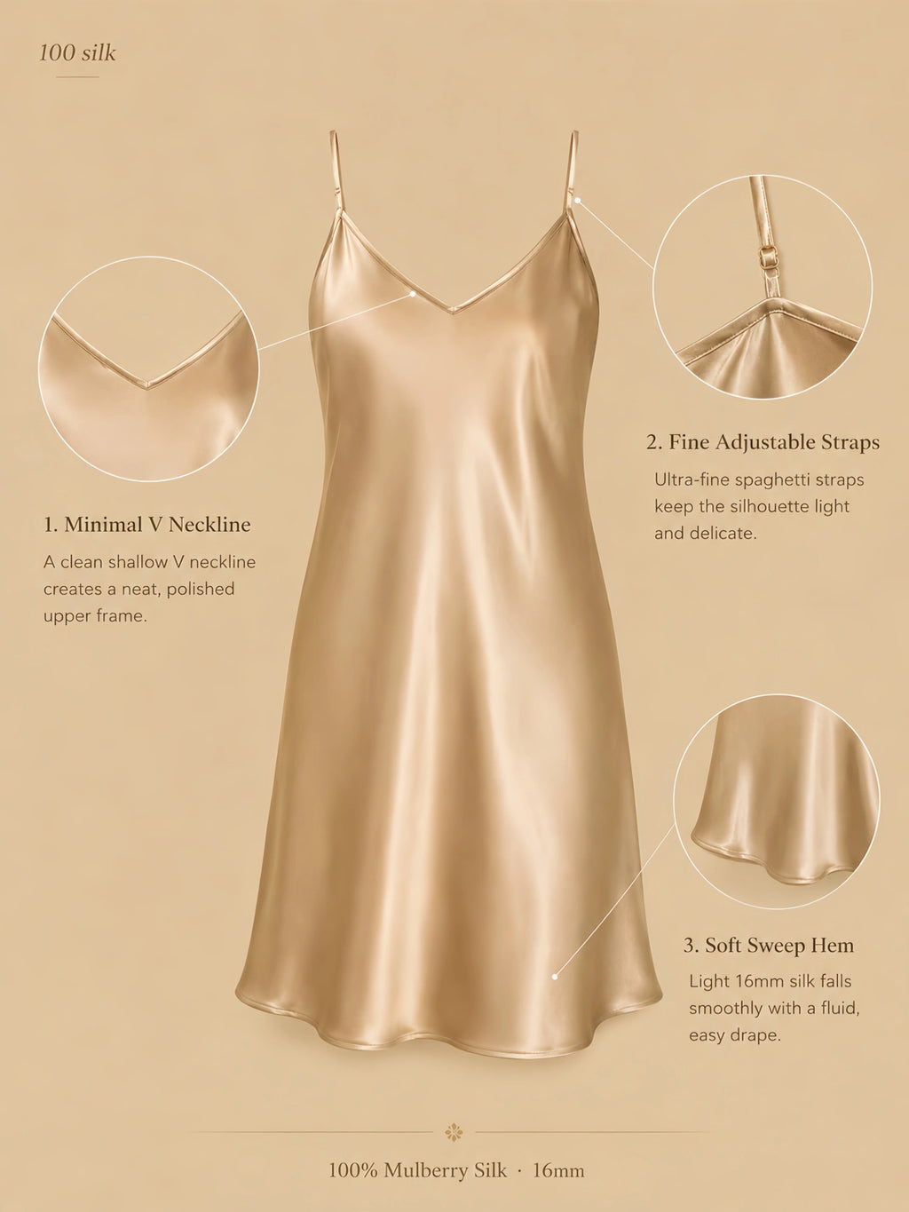 Silkgala 16mm 100% mulberry silk thin-strap nightgown detail image showing a minimal V neckline, fine adjustable spaghetti straps, and a soft sweep hem.