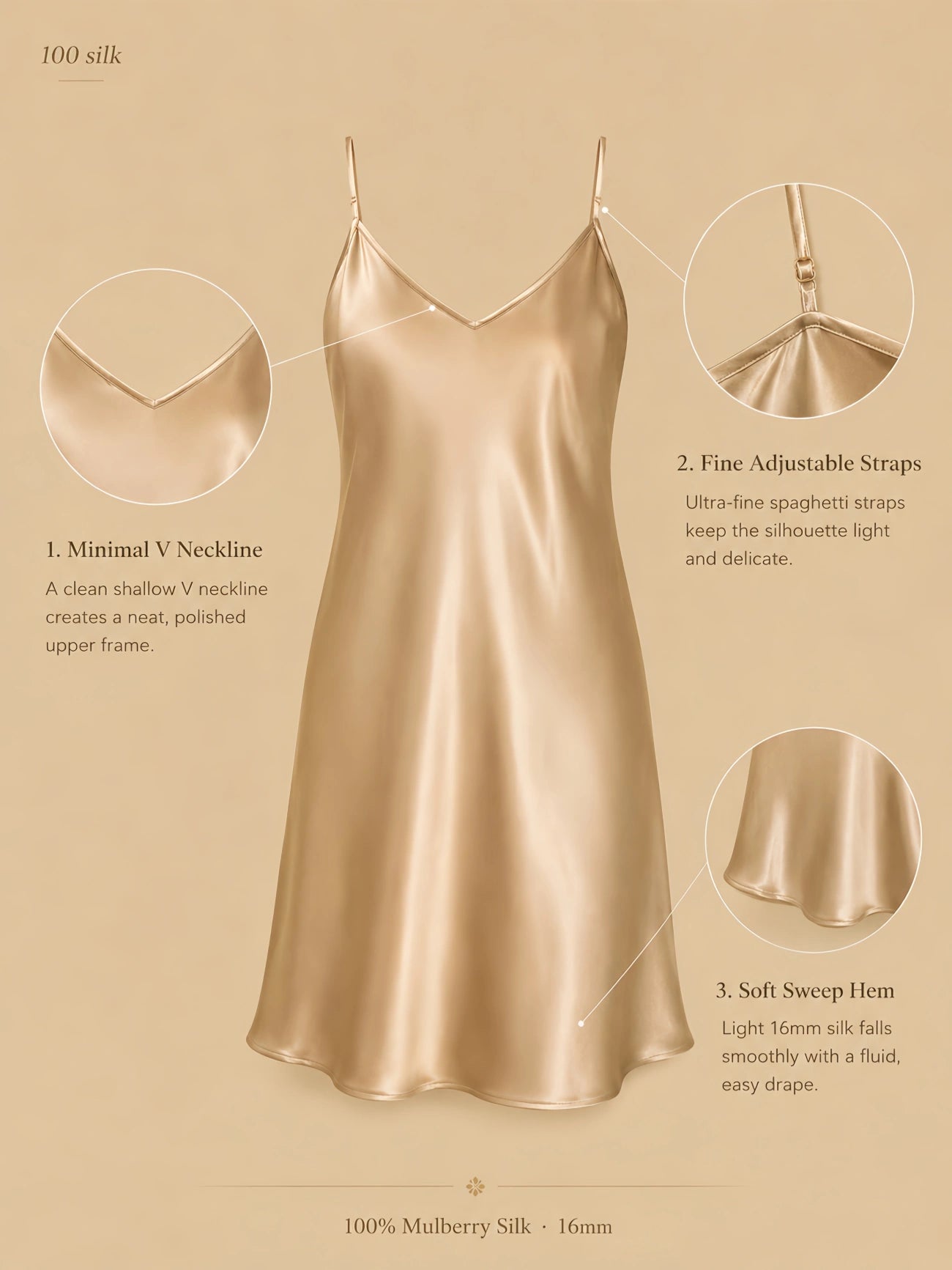 Silkgala 16mm 100% mulberry silk thin-strap nightgown detail image showing a minimal V neckline, fine adjustable spaghetti straps, and a soft sweep hem.