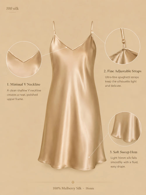 Silkgala 16mm 100% mulberry silk thin-strap nightgown detail image showing a minimal V neckline, fine adjustable spaghetti straps, and a soft sweep hem.