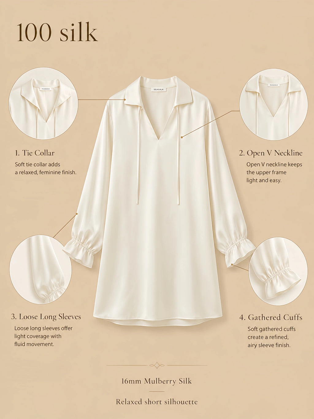 Silkgala 16mm 100% mulberry silk sleep dress detail image showing a soft tie collar, open V neckline, loose long sleeves with gathered cuffs, and a relaxed short silhouette.