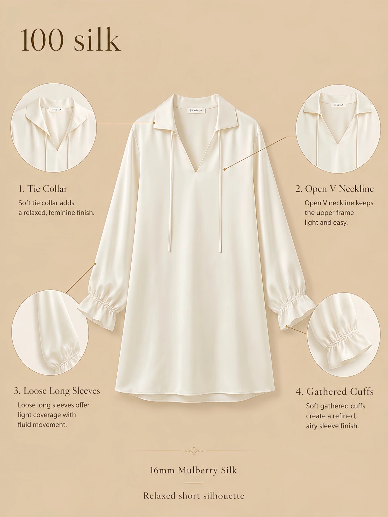 Silkgala 16mm 100% mulberry silk sleep dress detail image showing a soft tie collar, open V neckline, loose long sleeves with gathered cuffs, and a relaxed short silhouette.
