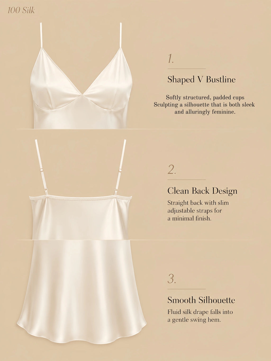 16mm V-neck silk nightgown with shaped bustline, clean back, slim straps, and smooth swing hem