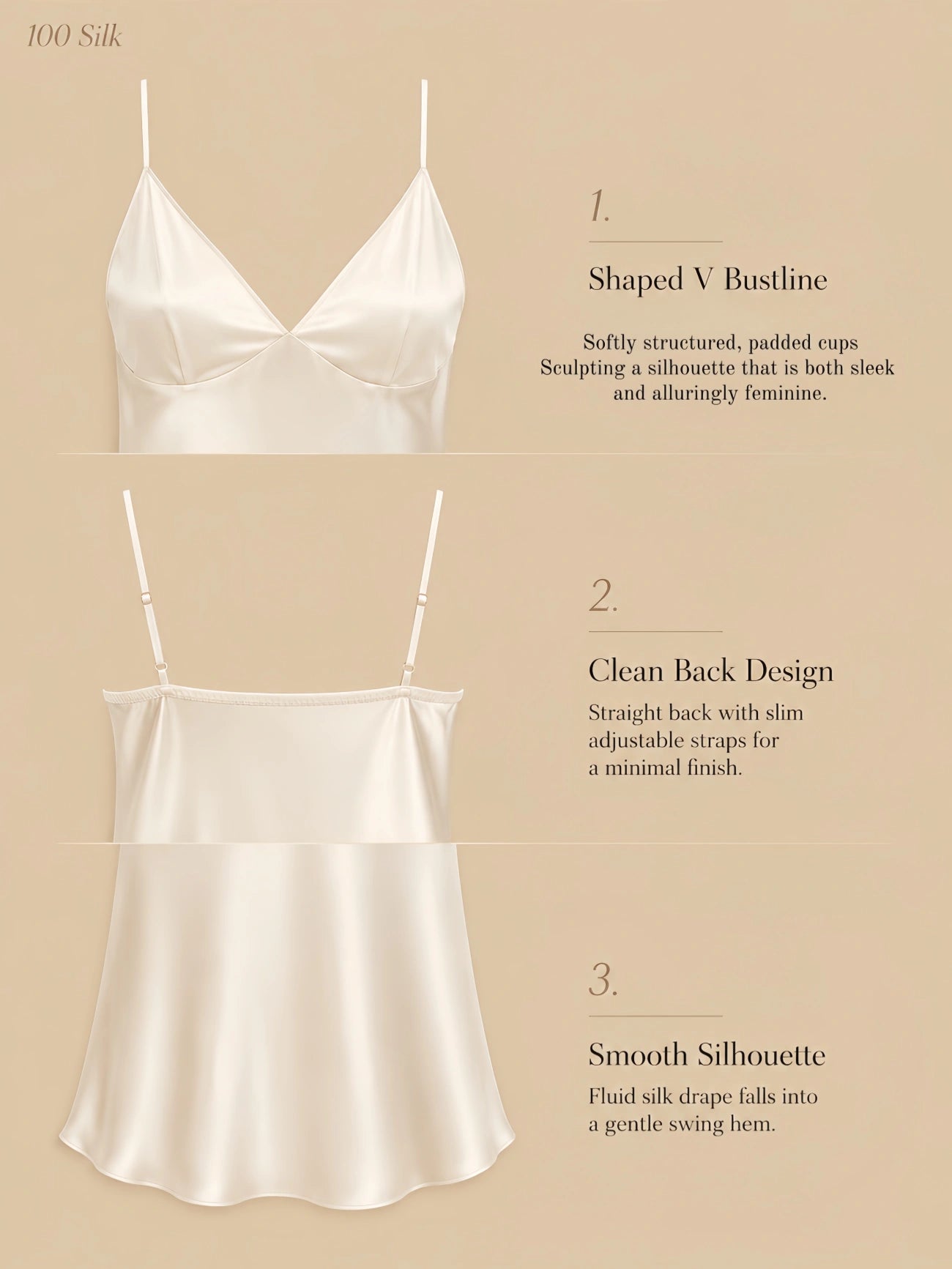 16mm V-neck silk nightgown with shaped bustline, clean back, slim straps, and smooth swing hem
