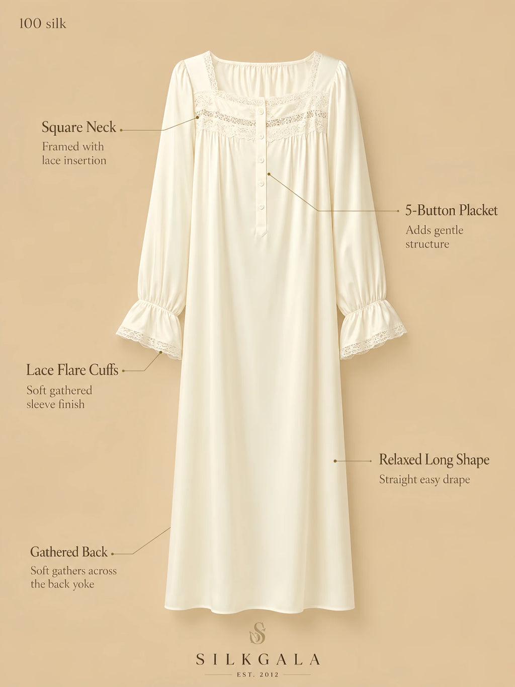 Silkgala 16mm 100% mulberry silk Victorian nightgown detail image showing a square neckline with lace insertion, 5-button neckline placket, lace flare sleeves, gathered back, and a relaxed long silhouette.