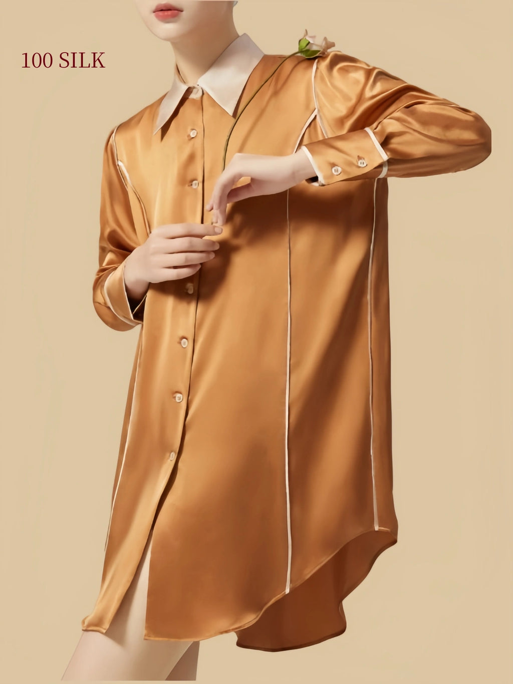 Side view of antique gold 19 Momme mulberry silk shirt dress with contrast trim