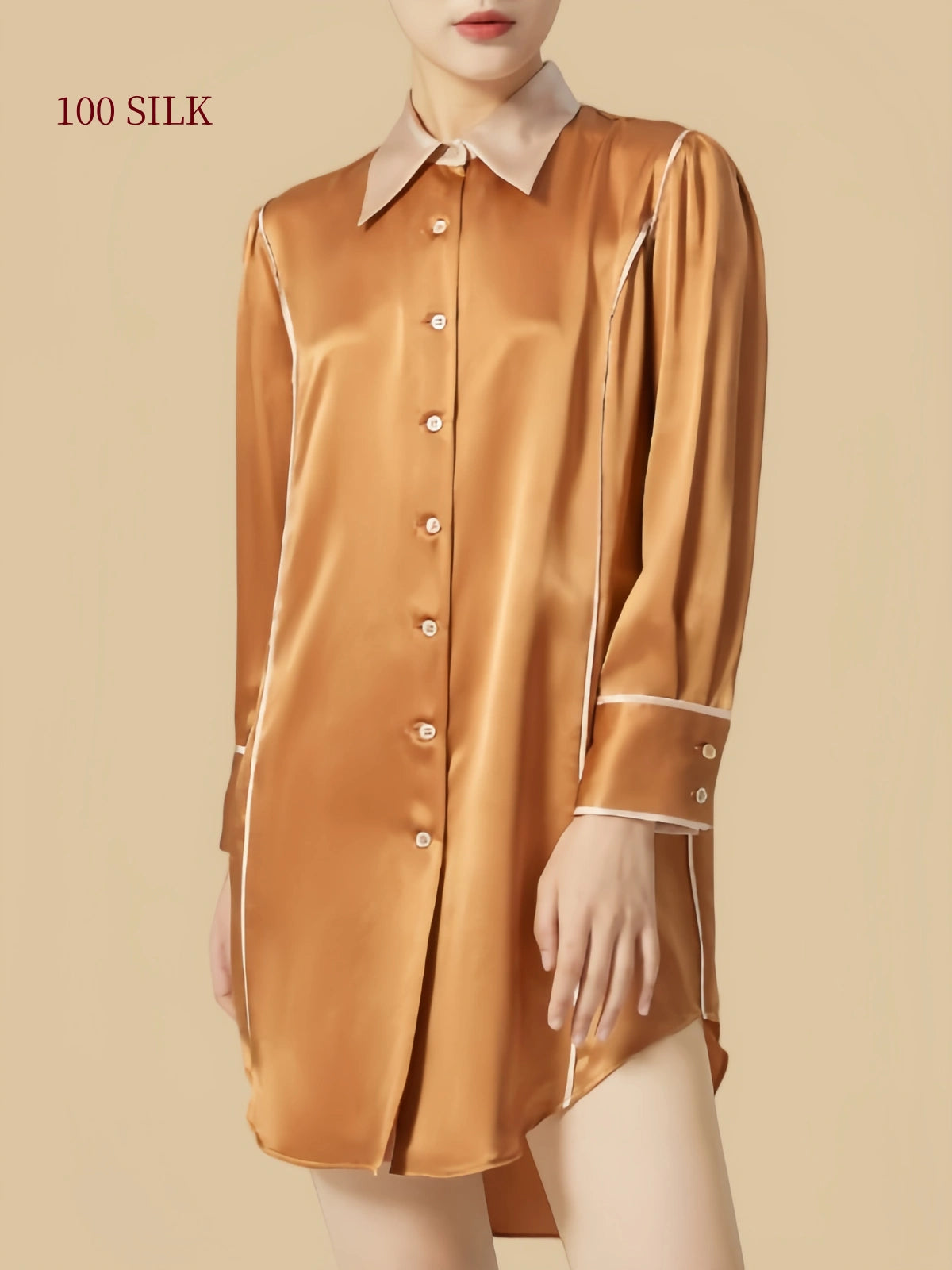 Front view of antique gold silk sleep dress with contrast collar and full button closure
