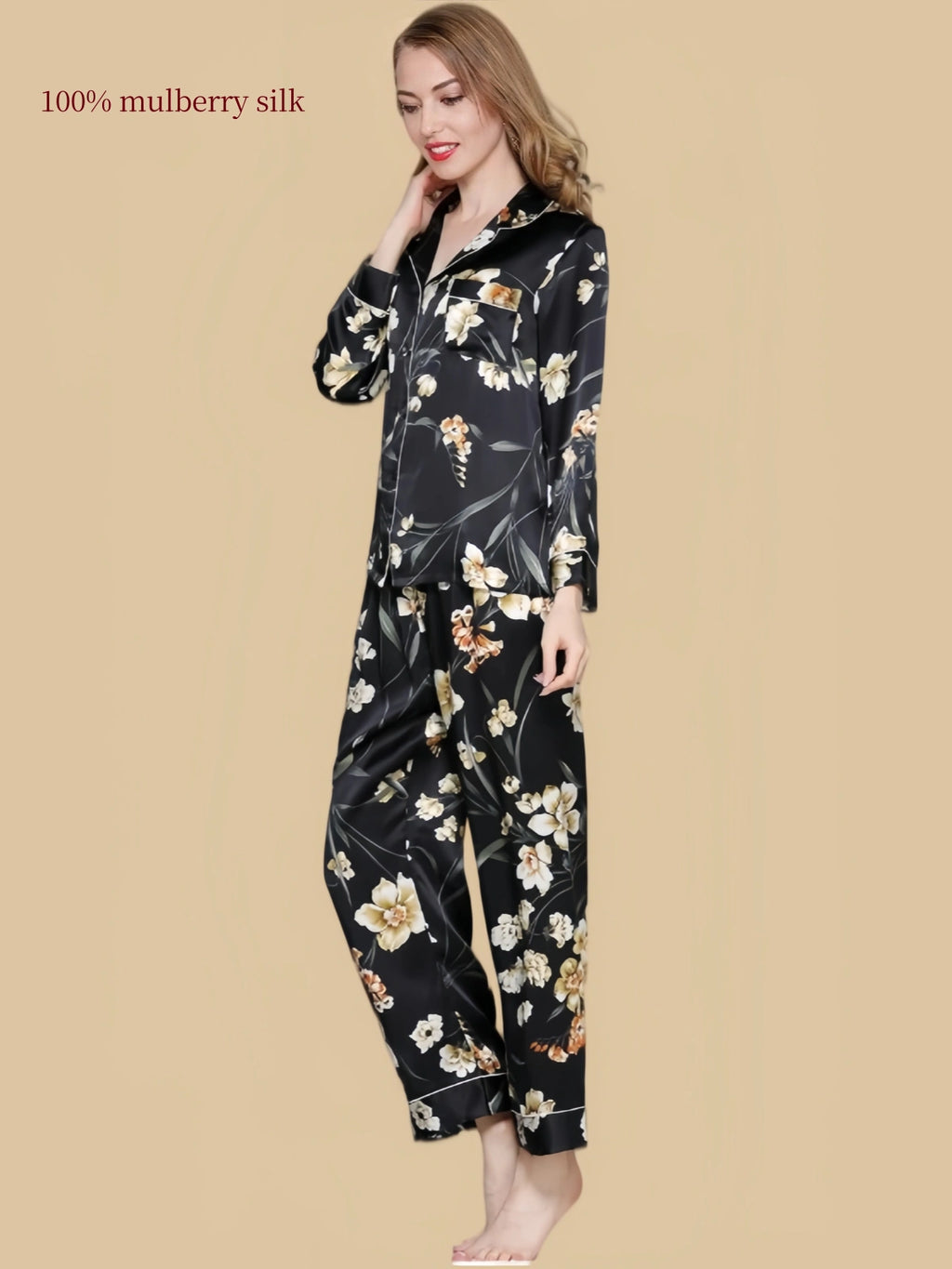 Silkgala 19 Momme black floral mulberry silk pajama set with notched collar, long sleeves and matching pants, front three-quarter view.
