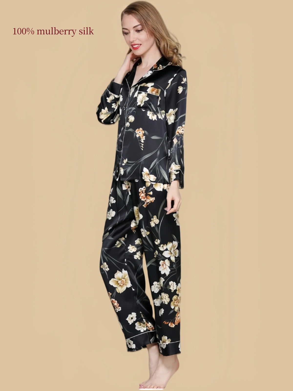 Silkgala 19 Momme black floral mulberry silk pajama set with notched collar, long sleeves and matching pants, front three-quarter view.