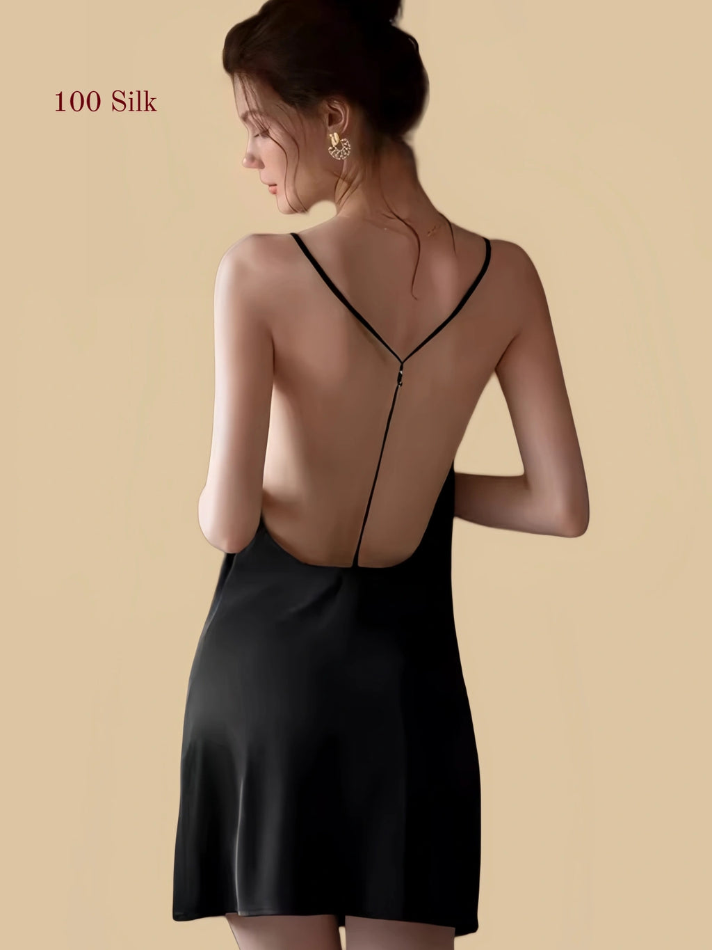 Black silk nightgown with Y-back and low U-back