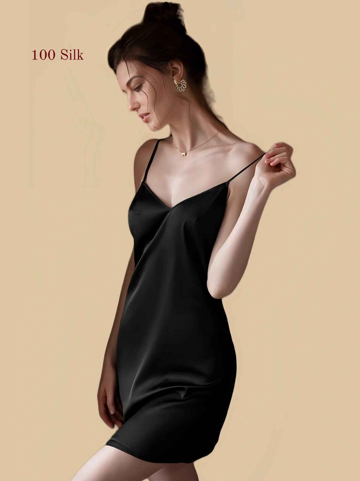 Black 19 momme silk nightgown front view