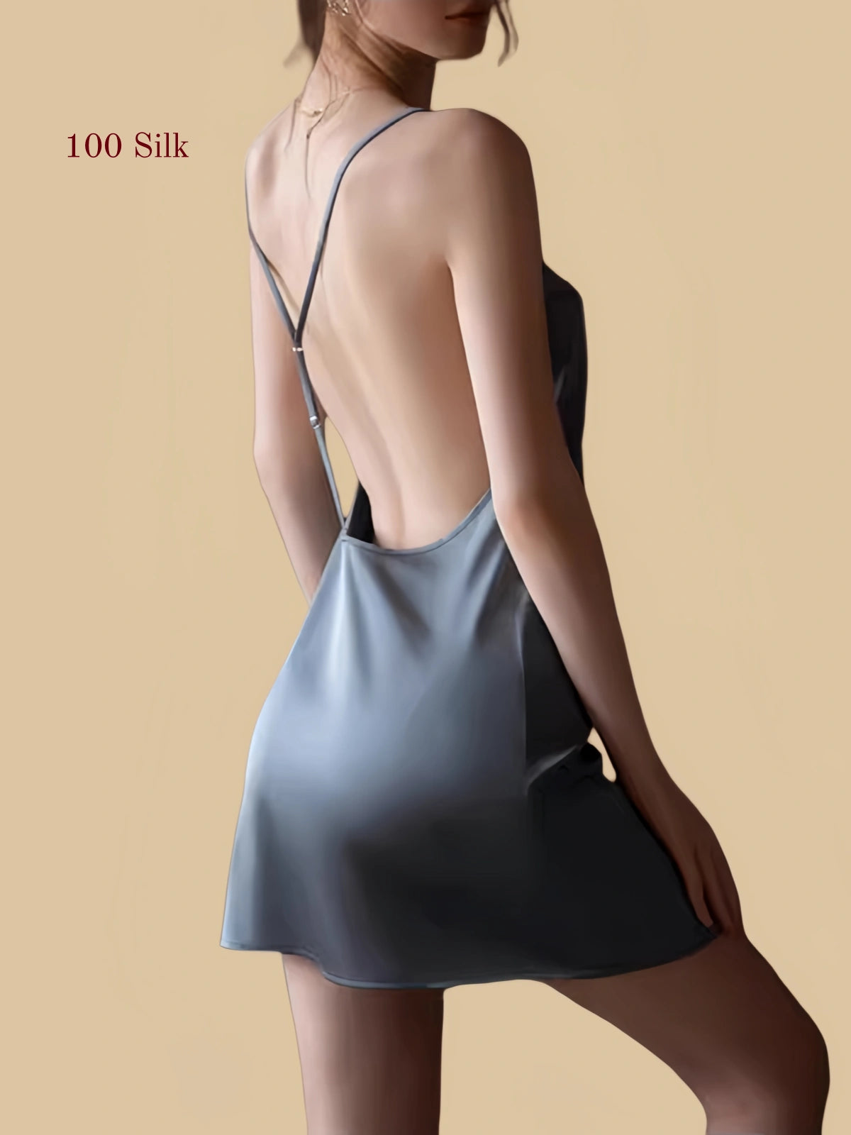Blue silk nightgown back side view