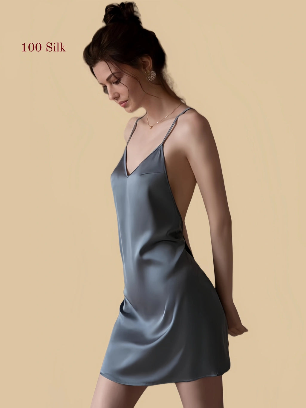 Blue 19 momme silk nightgown side front view