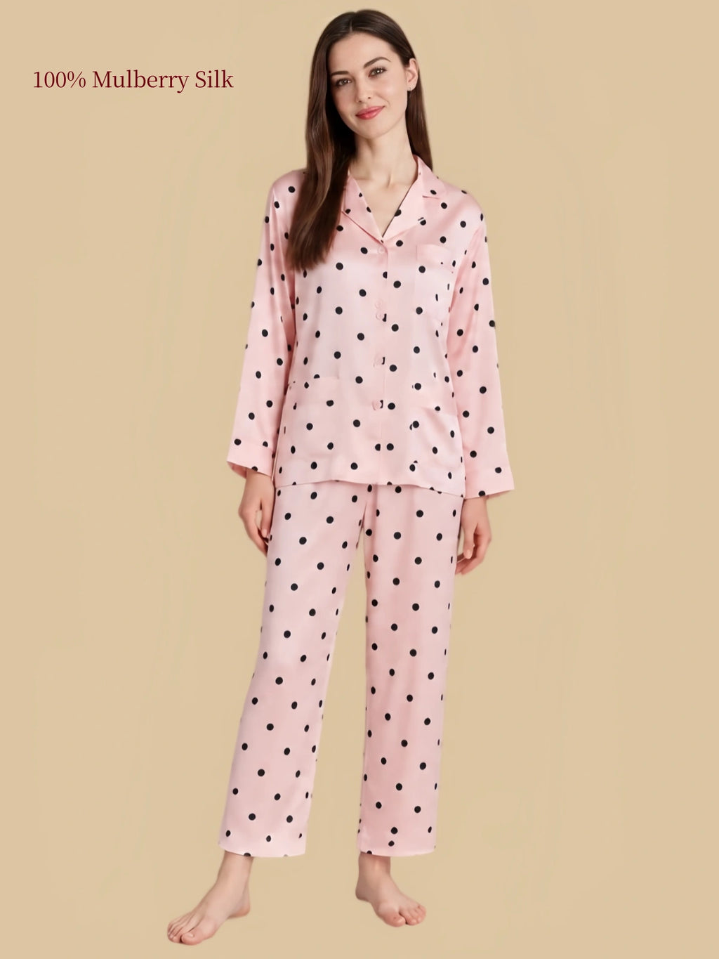 Silkgala 19 Momme mulberry silk pajama set in Blush Pink Polka Dot featuring a notched collar, long sleeves and relaxed matching pants.