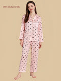 Silkgala 19 Momme mulberry silk pajama set in Blush Pink Polka Dot featuring a notched collar, long sleeves and relaxed matching pants.