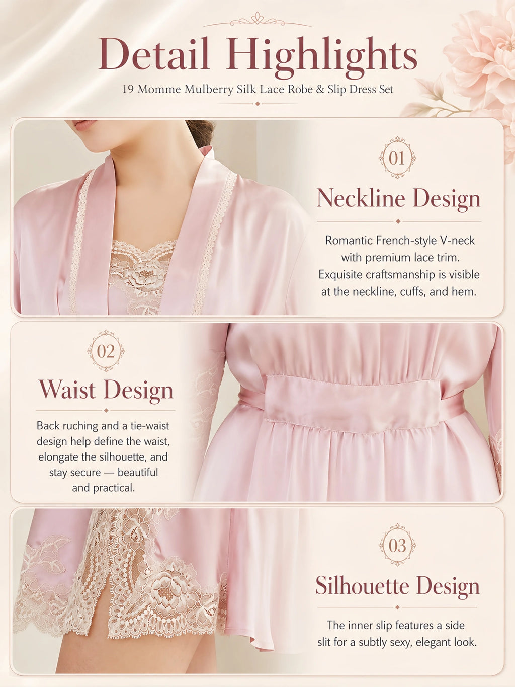 Design details of a blush pink 19 Momme mulberry silk chemise and robe set with lace trim, tie waist and side slit