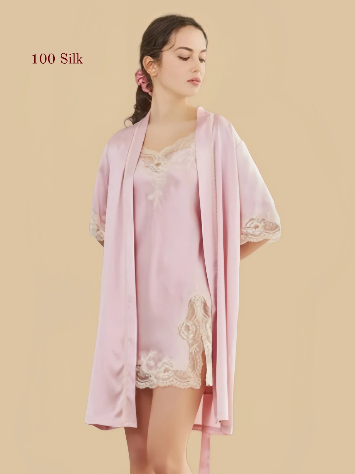 Blush pink 19 Momme mulberry silk chemise and robe set with floral lace trim