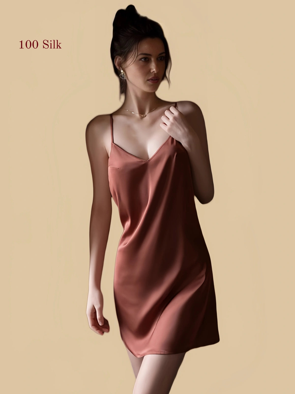 Caramel 19 momme silk nightgown front view.