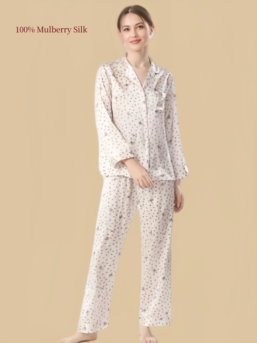 Silkgala 19 Momme mulberry silk pajama set in Pale Blush Pink featuring delicate cat and heart prints, a notched collar and relaxed long pants.