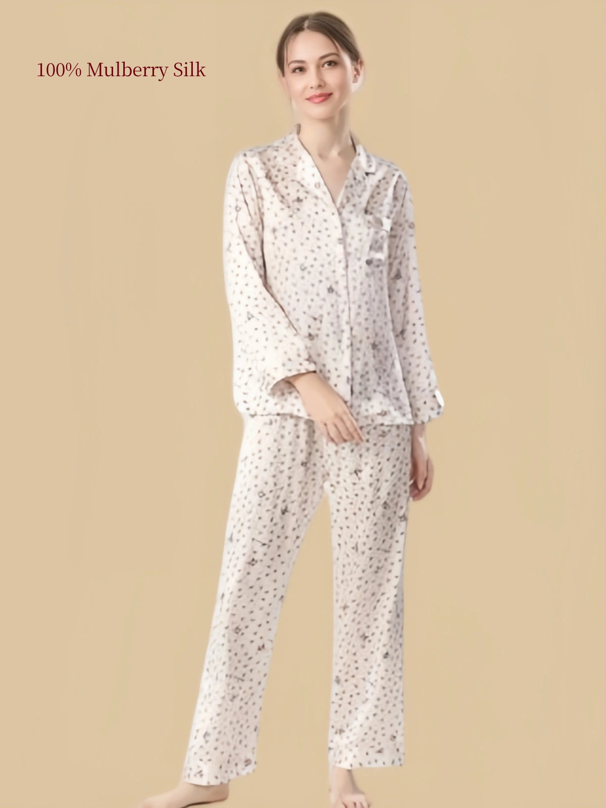 Silkgala 19 Momme mulberry silk pajama set in Pale Blush Pink featuring delicate cat and heart prints, a notched collar and relaxed long pants.