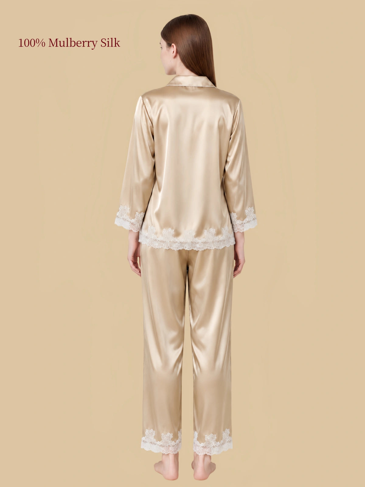 Back view of Silkgala Champagne silk pajama set featuring a softly draped shirt, lace-trimmed cuffs and nine-tenths-length pants.