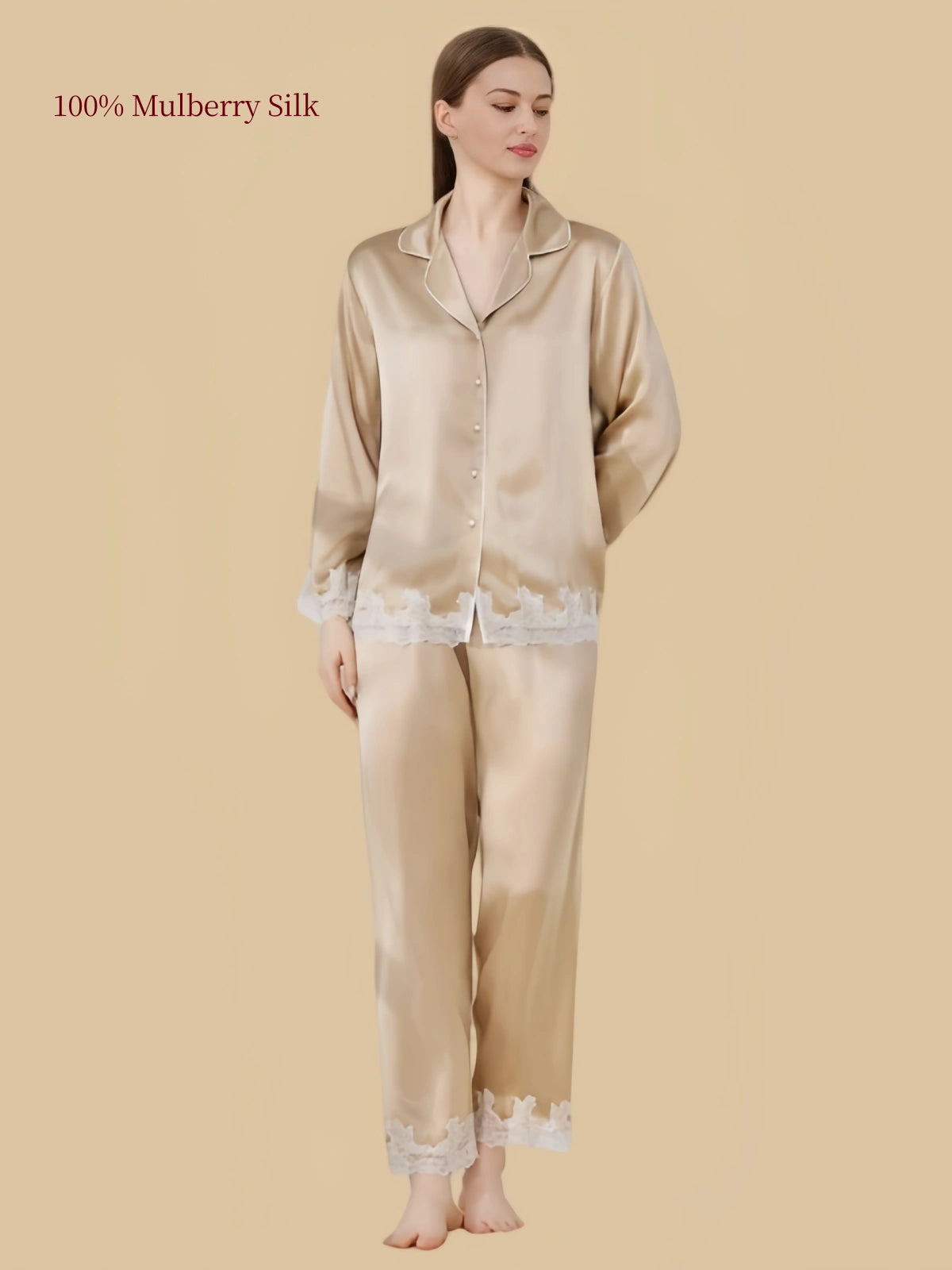 Silkgala Champagne 19 Momme mulberry silk pajamas with pearl-look buttons, nine-tenths-length sleeves and floral lace-trimmed pants.