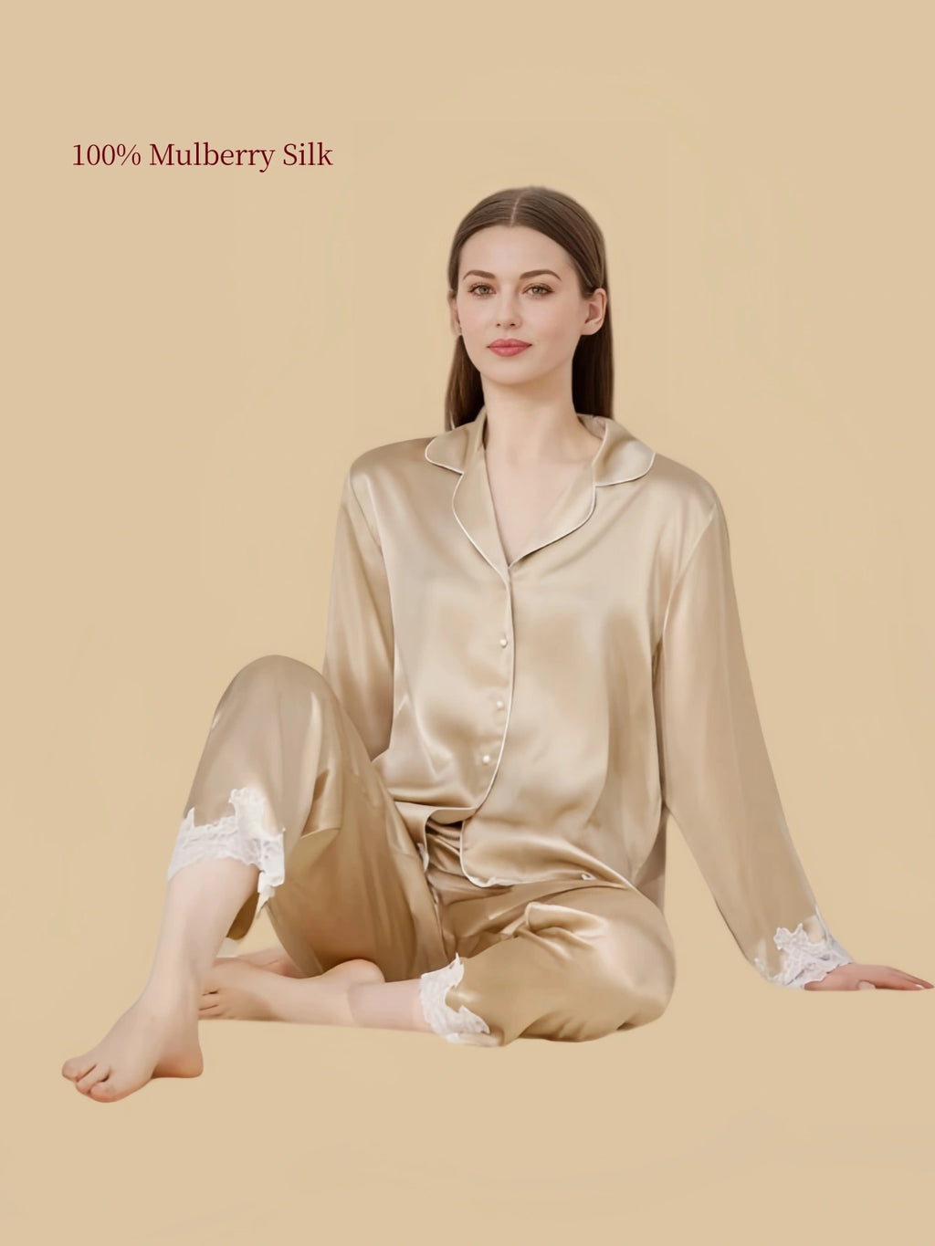 Model seated wearing Silkgala Champagne mulberry silk pajamas with a notched collar, button-front shirt and delicate floral lace trim.