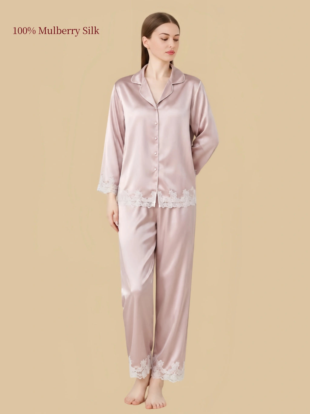 Silkgala Cherry Blossom Pink 19 Momme silk pajamas featuring pearl-look buttons, floral lace cuffs and matching nine-tenths-length pants.
