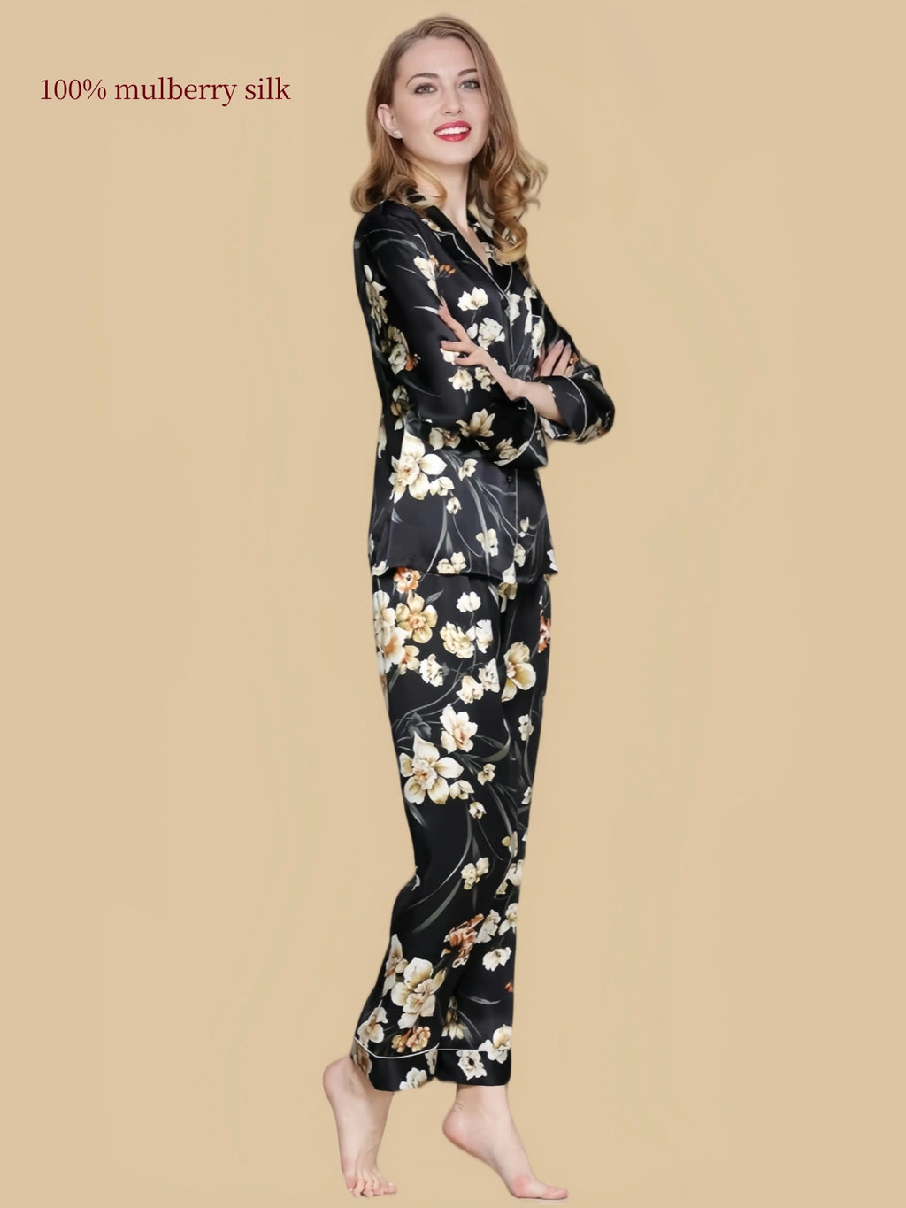 Side view of Silkgala 19 Momme floral mulberry silk pajama set showing the relaxed shirt silhouette and straight-leg pants.