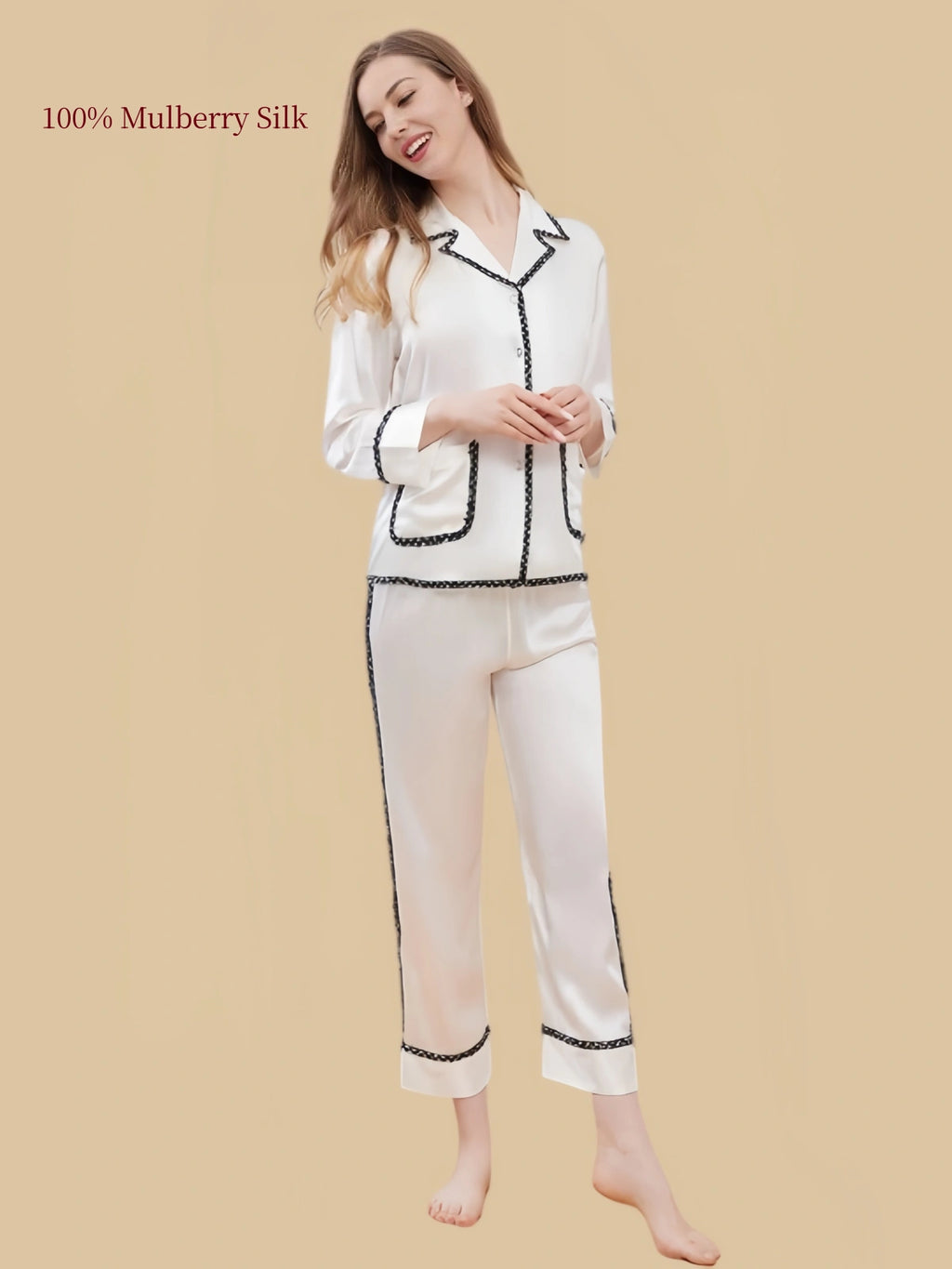 Front view of Silkgala 19 momme mulberry silk sleepwear set in White with black braided trim and long pants.