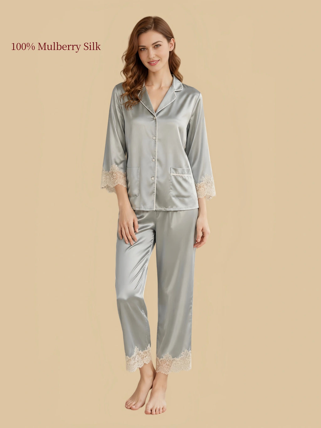 Silkgala Green 19 Momme mulberry silk lounge set with a button-front shirt, classic notched collar, two patch pockets and floral lace cuffs and pant hems.
