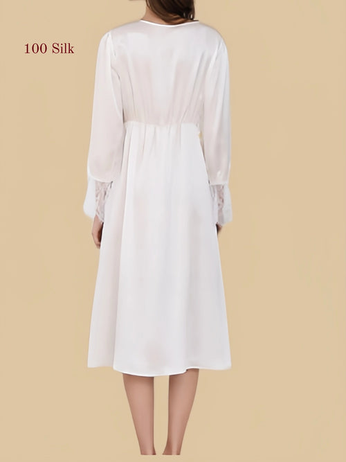 Back view of ivory 19 Momme mulberry silk nightgown with long sleeves