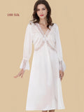Front view of ivory 19 Momme silk nightgown with lace V-neck and empire waist