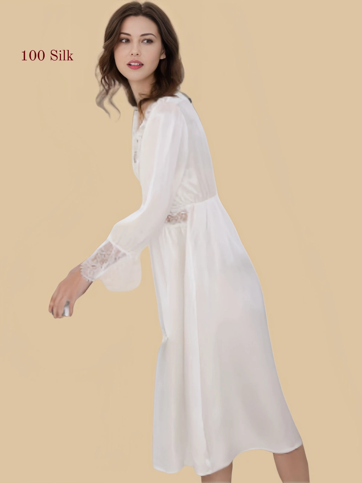 Side view of ivory 19 Momme mulberry silk sleep dress with lace cuffs