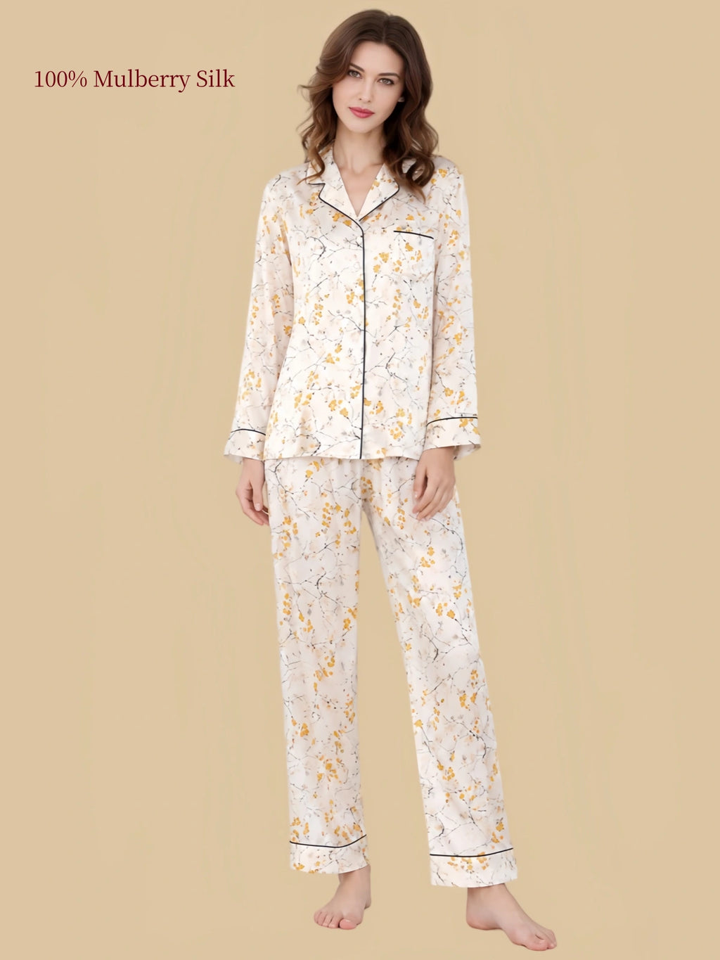 Silkgala 19 Momme mulberry silk pajama set in Ivory Yellow Floral, featuring a notched collar, yellow blossom print and matching wide-leg pants.