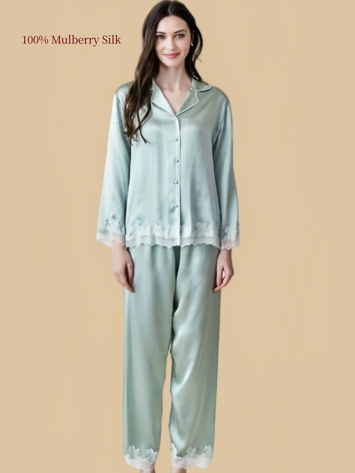 Silkgala Jade Green 19 Momme mulberry silk pajamas featuring a button-front shirt, notched collar and matching nine-tenths-length pants with lace hems.