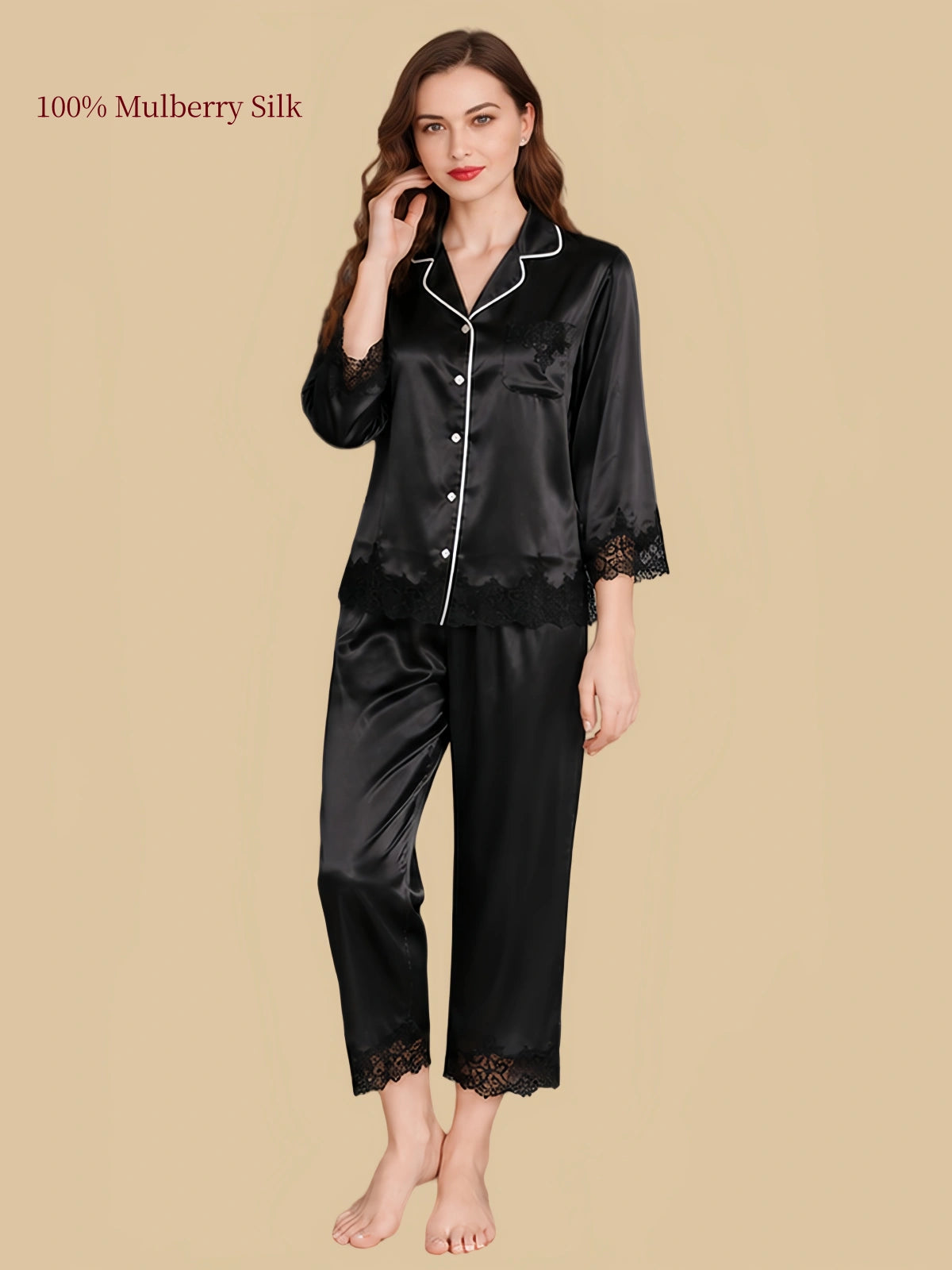 Silkgala black mulberry silk pajama set with matching black lace trim, white contrast piping and relaxed cropped pants.