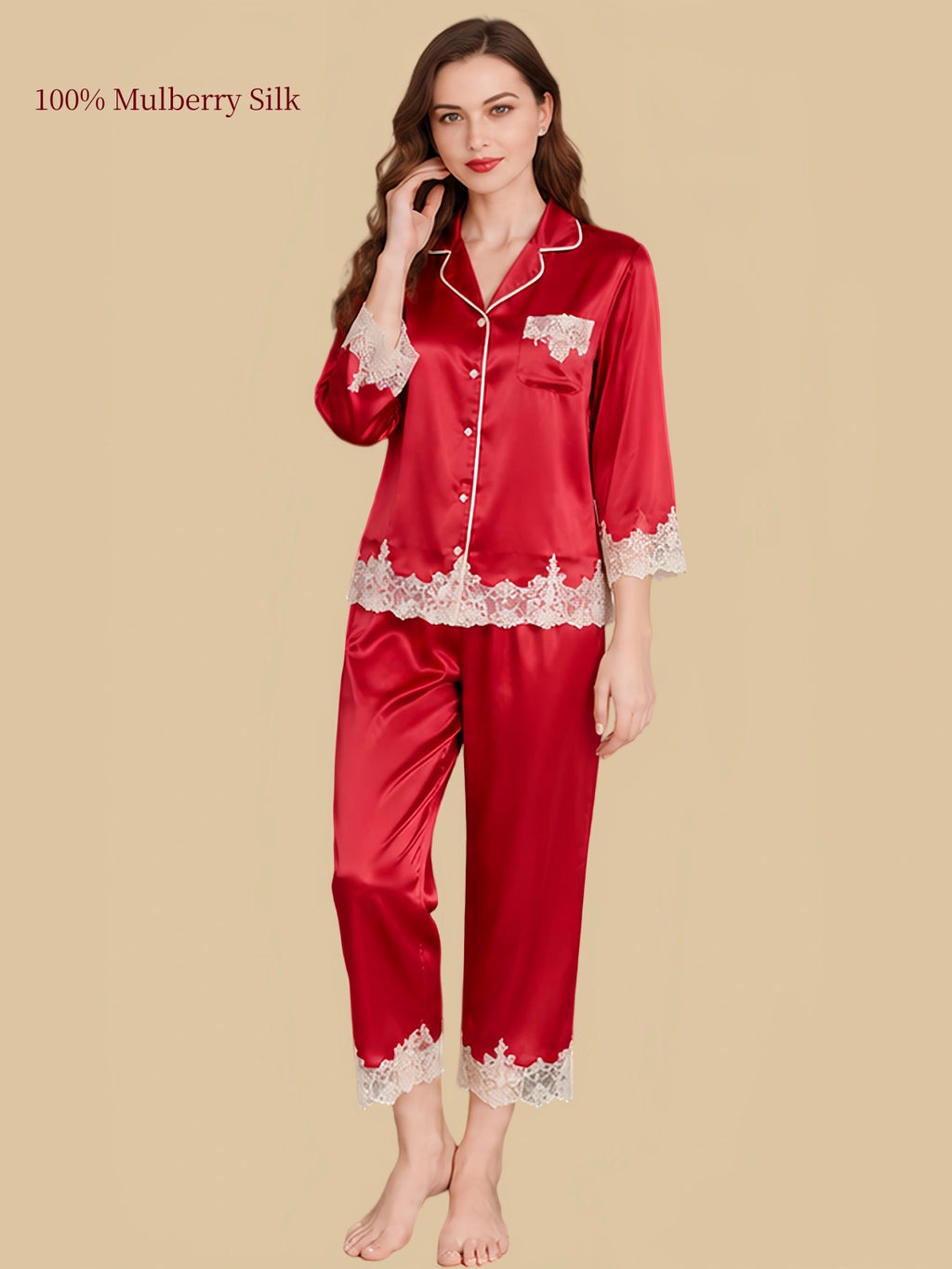 Silkgala 19 Momme Rouge Red mulberry silk pajama set with ivory lace-trimmed cuffs, shirt hem, chest pocket and matching pants.