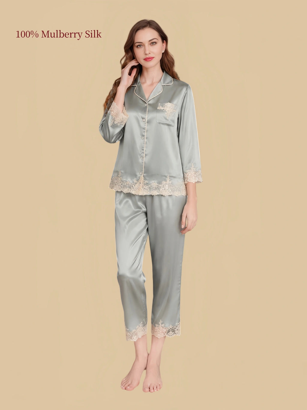 Silkgala Sky Blue mulberry silk pajama set featuring ivory lace accents, a notched collar, button-front shirt and coordinating pants.