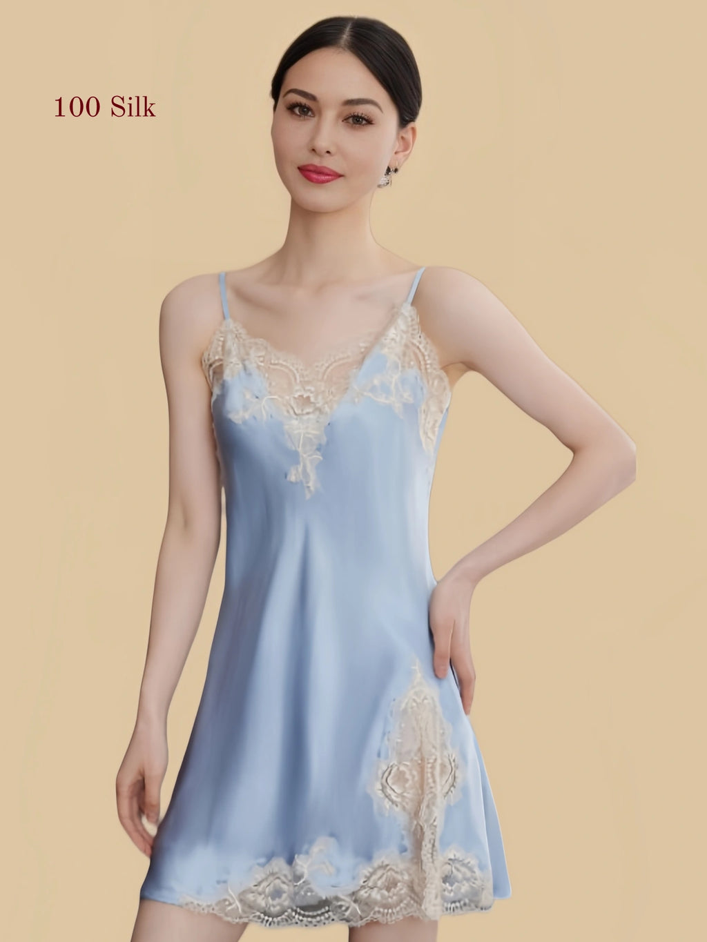 Front view of a light blue 19 Momme mulberry silk chemise with floral lace trim