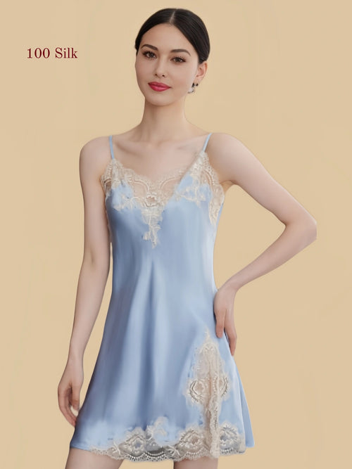 Front view of a light blue 19 Momme mulberry silk chemise with floral lace trim