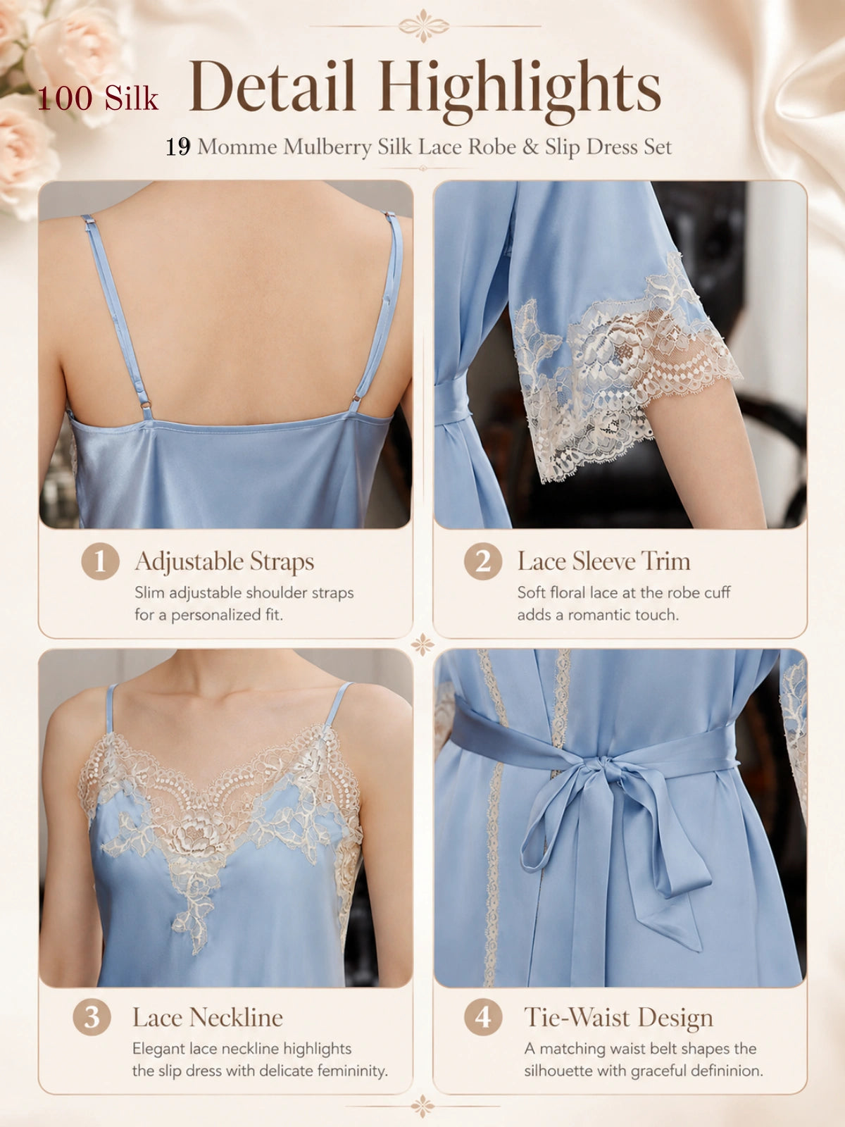 Detail highlights of a light blue 19 Momme mulberry silk chemise and robe set with adjustable straps, lace trim and tie waist