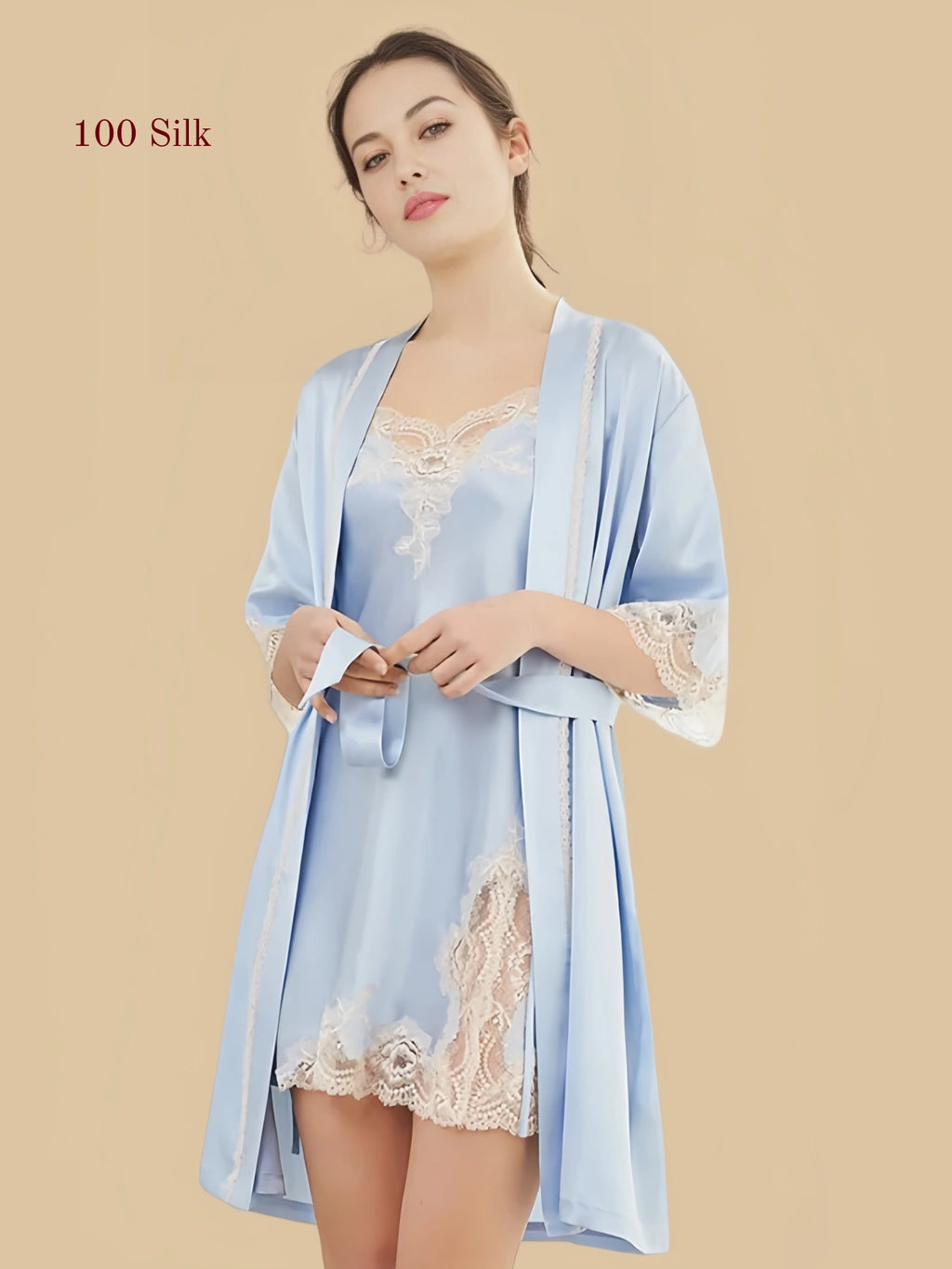 Light blue 19 Momme mulberry silk lace chemise and matching robe set