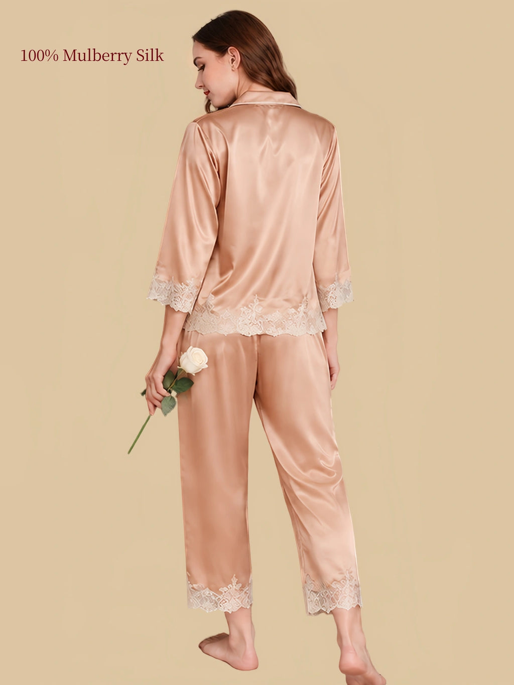 Back view of Silkgala Malt silk pajamas showing delicate ivory lace along the shirt hem, sleeve cuffs and cropped pant hems.