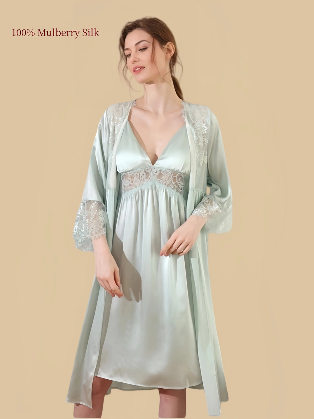 Front view of a Mint Green 19 Momme mulberry silk chemise and robe set with floral lace panels