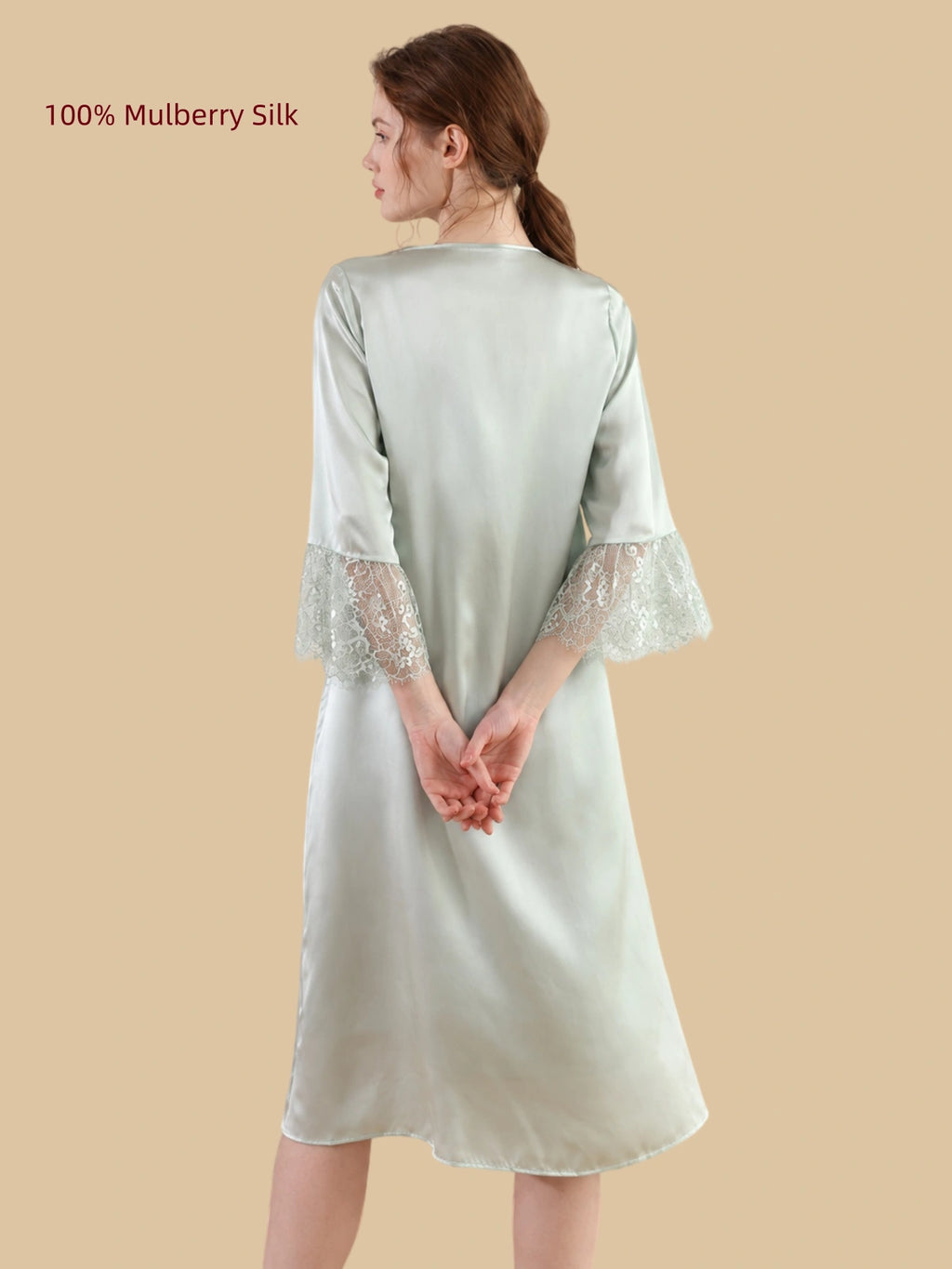 Back view of a Mint Green 19 Momme mulberry silk robe with wide floral lace cuffs