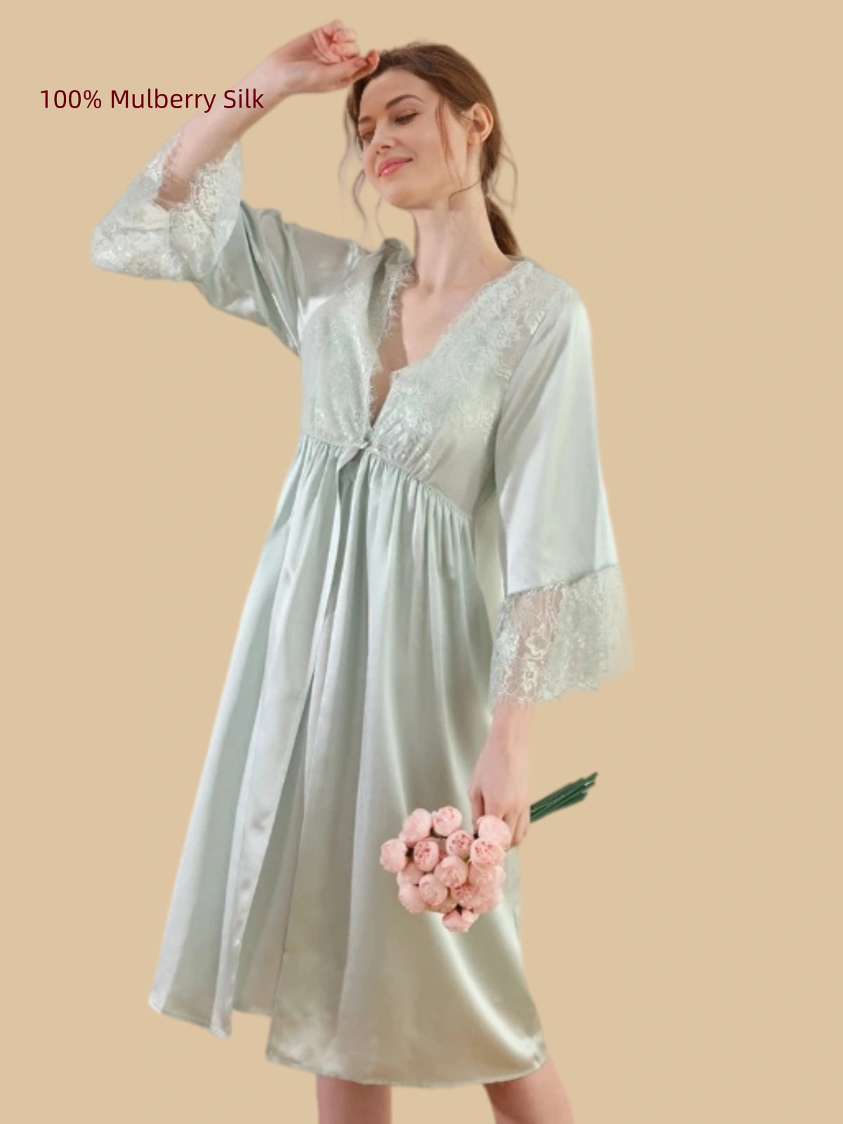 Front view of a Mint Green 19 Momme mulberry silk robe with V-shaped floral lace trim