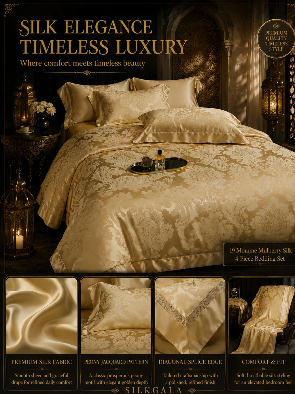 19 momme 100% mulberry silk 4-piece bedding set in Prosperous Peony Gold with elegant jacquard pattern and refined bedroom styling.